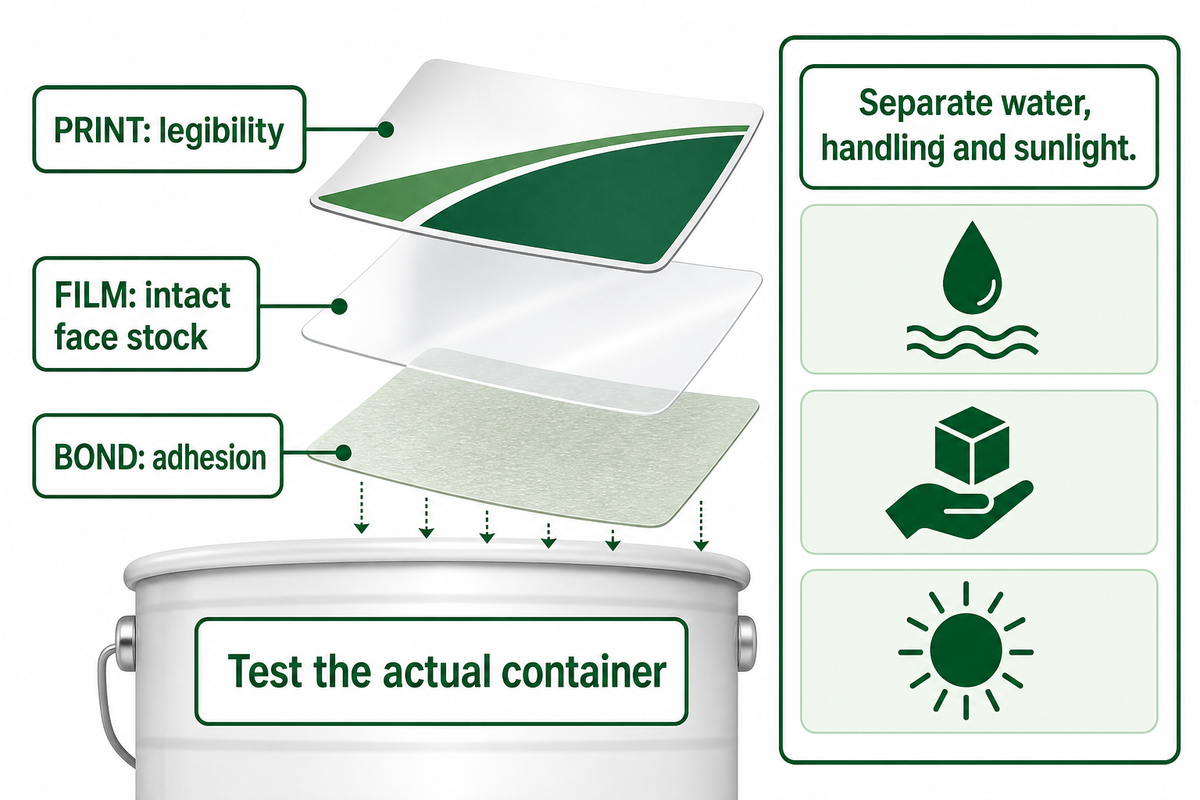 Film, image and bond need separate checks on the intended container; UL treats the finished construction as a system.