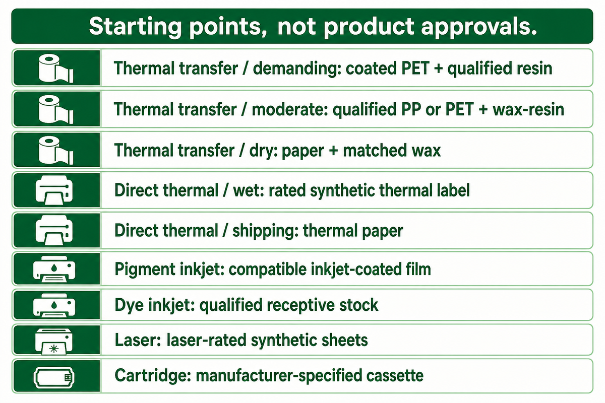 Use the exact printing method to shortlist qualified stock; the printer-first matrix gives starting points, not approvals.