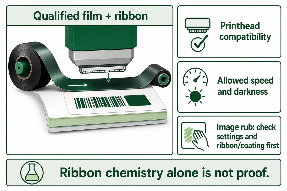 Match coating, ribbon and printhead; troubleshoot rubbing with supported settings before changing adhesive (GS1/Zebra).