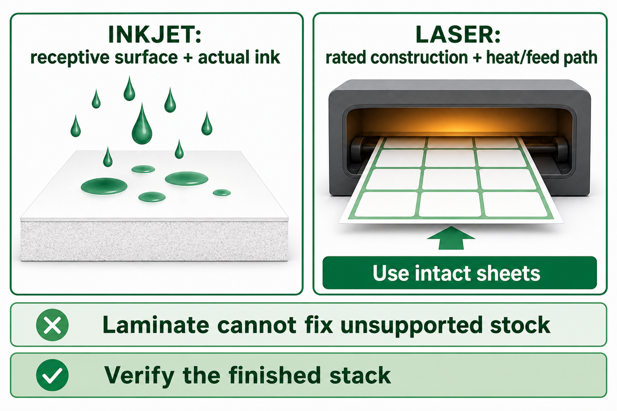 Inkjet and laser need different rated surfaces; laminate cannot make unsupported printer stock safe (Epson/HP guidance).