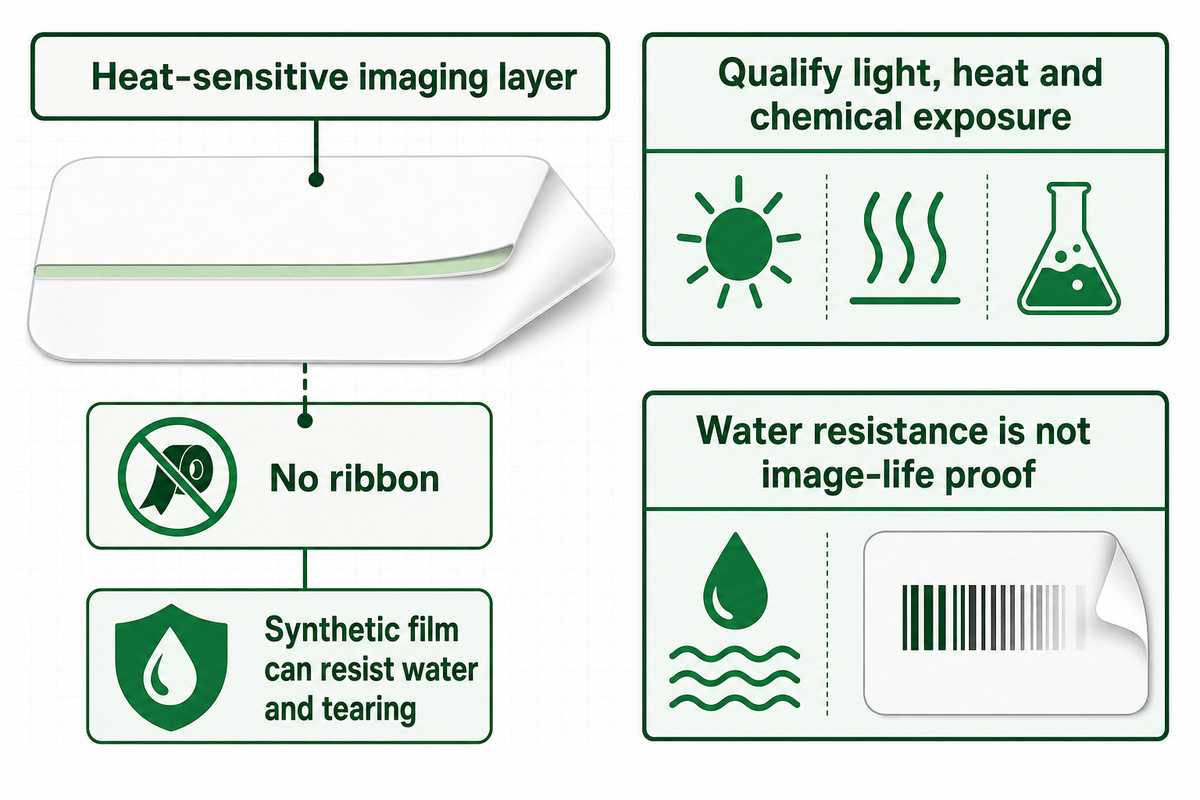 Synthetic direct thermal can resist water; qualify its image life separately under actual exposure (Zebra EMEA example).