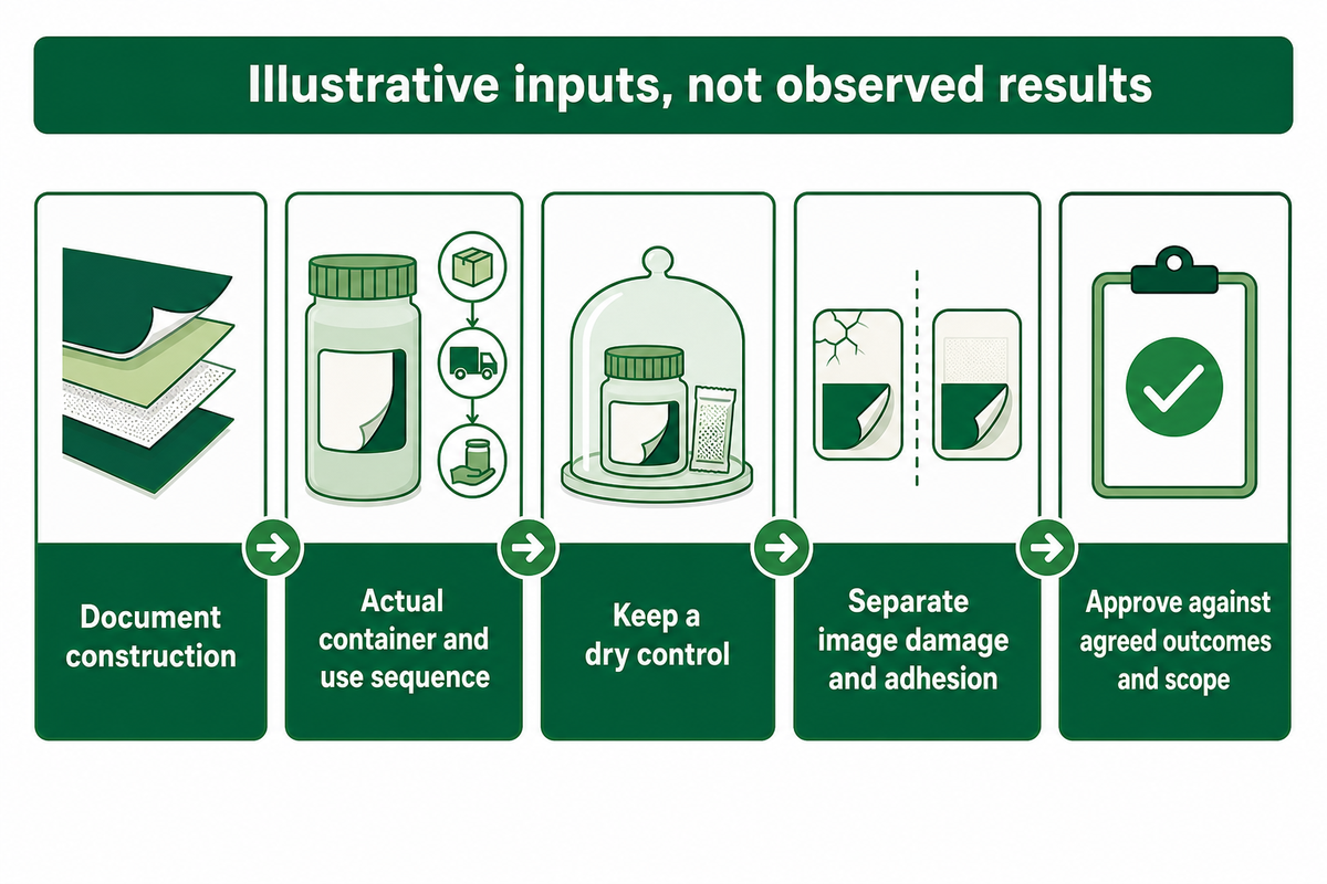 Use dry controls and separate print/bond outcomes; the sample worksheet is illustrative and establishes no certification.