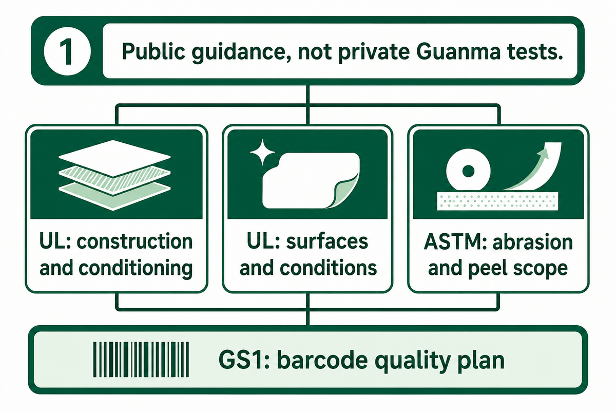 Use UL, ASTM and GS1 for their distinct scopes; public guidance is not proof that Guanma holds a certification.