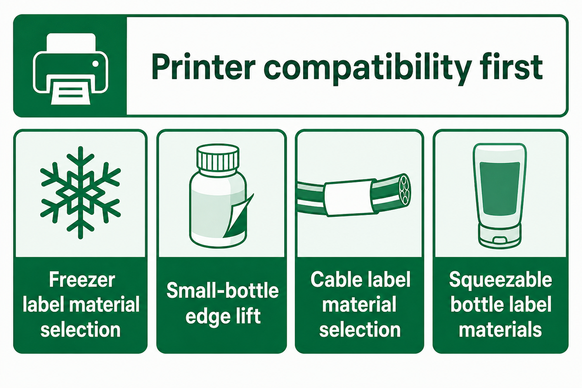 After printer compatibility, use dedicated guides for freezer, cable and curved or squeezable container applications.